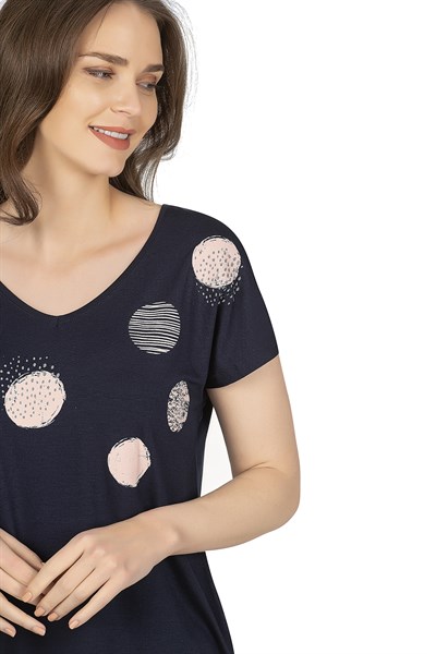 Kadın Modern Desenli Kısa Kol Viskon Bluz  | Lacivert 25862