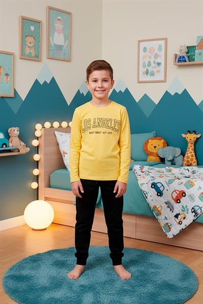 Erkek Çocuk İnterlok Bisiklet Yaka Pijama Takımı | Sarı 300