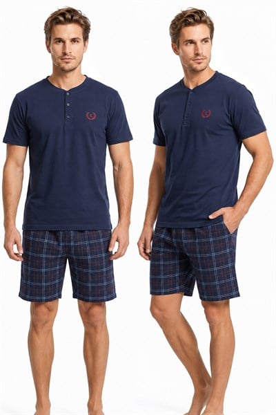 Erkek % 100 Pamuk Düğmeli Yaka Altı Ekoseli Cepli Şortlu Pijama Takımı | Lacivert 1000-70