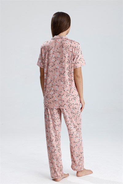 Kadın Düğmeli Floral Desen Kısa Kollu Pijama Takım | Pembe