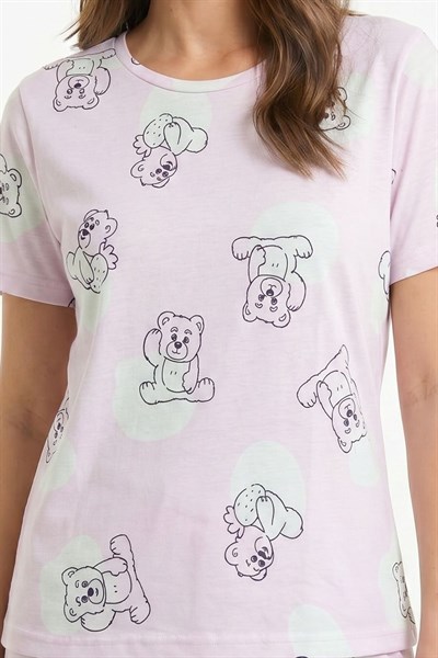 Kadın Bisiklet Yaka Yumuşak Dokulu Ayıcık Desenli Kısa Kol pijama Takım | Pembe 70132-4680