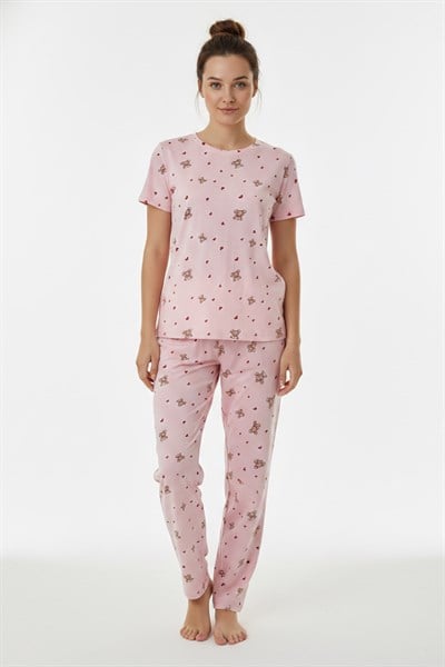 Kadın Bisiklet Yaka Yumuşak Dokulu Ayıcık Desenli Kısa Kol pijama Takım | Pembe 70132-4603