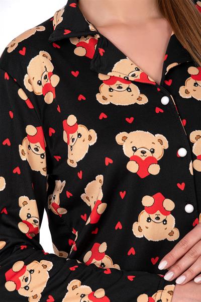 Lizbon Kumaş Siyah Ayıcık Desenli Önden Düğmeli Kadın Pijama Takımı