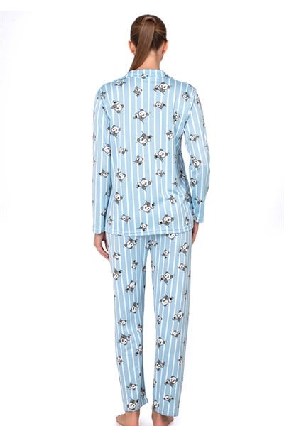 Lizbon Kumaş İçi Şardonlu Panda Desenli Önden Düğmeli Kadın Pijama Takımı