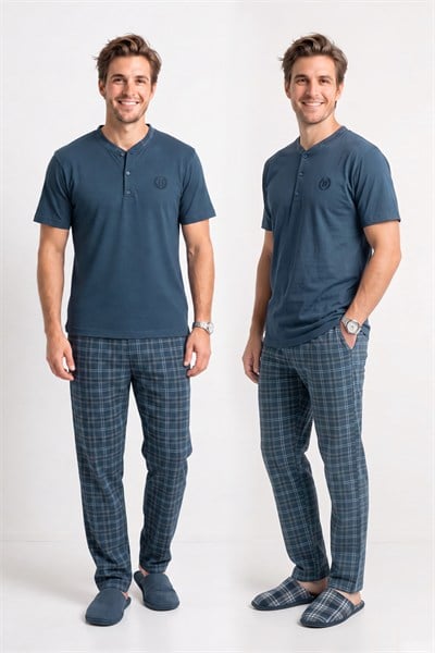 Erkek Genç %100 Pamuk Önü Patlı Pijama Takımı | Füme 619