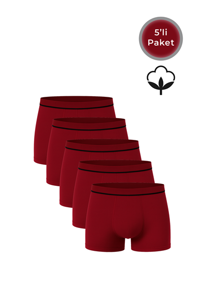 5li Paket Erkek Pamuklu Likralı Esnek Rahat Boxer Şort | Bordo K11226