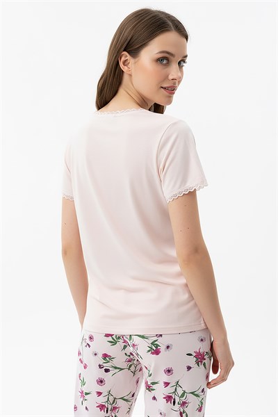 Kadın % 100 Ring Viskon V Yaka Altı Desenli Kısa Kol Pijama Takımı | Pembe 40113-4119