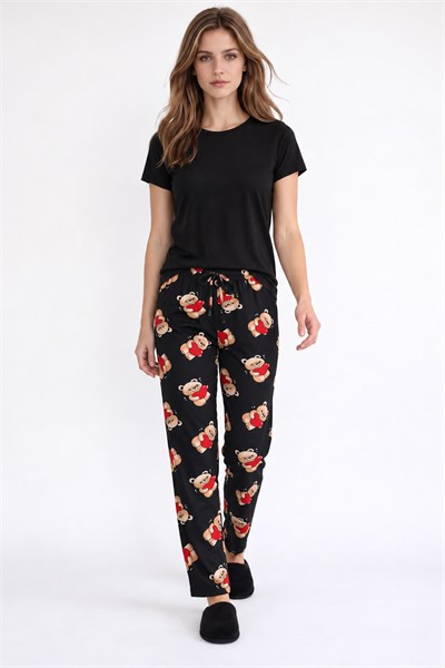 Kadın Süet Kalpli Büyük Ayıcık Desen Pijama Tek Alt