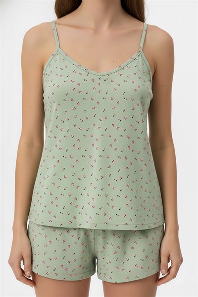 Kadın İp Askılı Yumuşak Dokulu Çiçek Desenli Şortlu Pijama Takım | Mint 70111-142