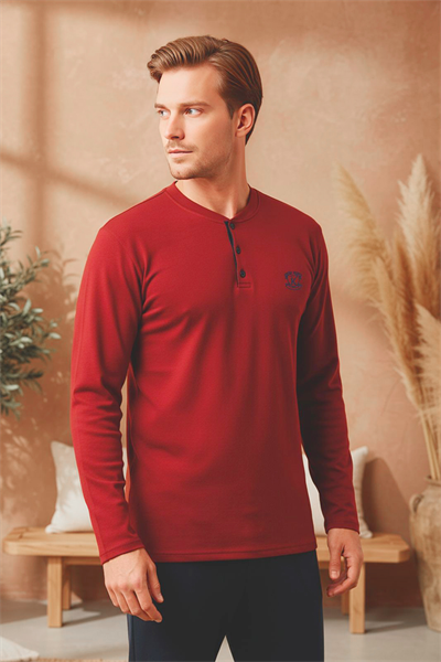 Erkek Uzun Kollu 4 Mevsim Penye Süprem Önü Patlı Pijama Takımı | Bordo 800