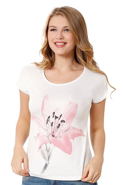 Kadın Çiçek Desenli Kısa Kol Bluz | Ekru 23854