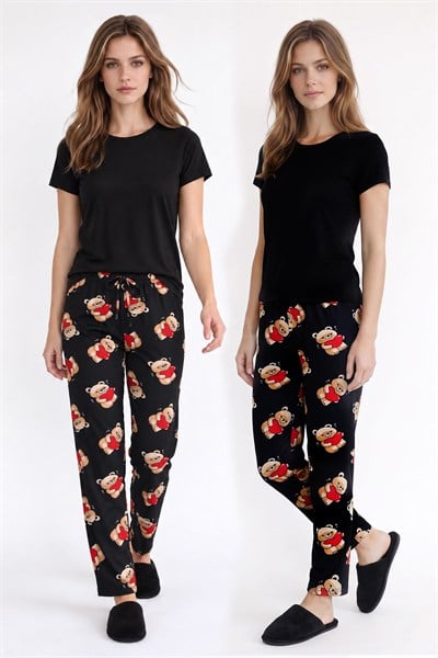 Kadın Süet Kalpli Büyük Ayıcık Desen Pijama Tek Alt