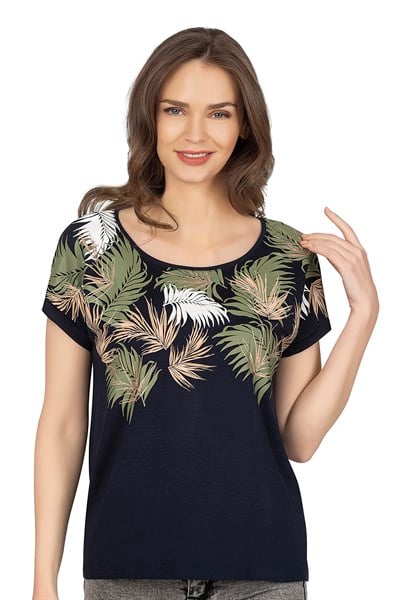 Kadın Desenli Viskon Kısa Kol Bluz | Lacivert 25790