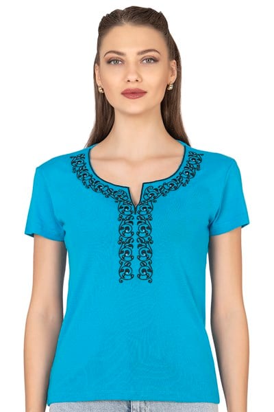 Kadın Nakış Detaylı Kısa Kol Pamuklu Bluz | Turkuaz 21191