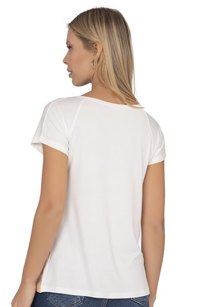 Kadın Renk Bloklu Taş Detaylı Kısa Kol Bluz | Beyaz 25874