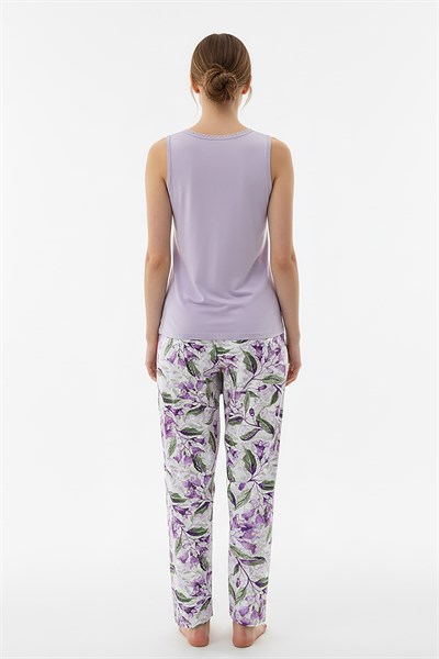 Kadın % 100 Ring Viskon V Yaka Altı Desenli Kalın Askılı Pijama Takımı | Lila 40108-3346