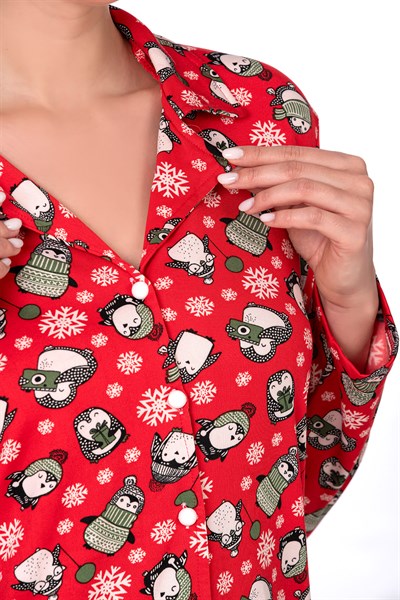 Lizbon Kumaş İçi Şardonlu Kırmızı Kış Desenli Önden Düğmeli Kadın Pijama Takımı