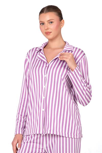 Pembe Çizgili Lizbon Kumaş İçi Şardonlu Önden Düğmeli Kadın Pijama Takımı
