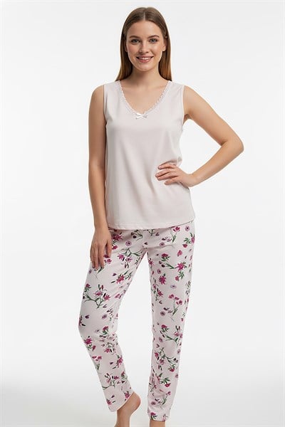 Kadın % 100 Ring Viskon V Yaka Altı Desenli Kalın Askılı Pijama Takımı | Somon 40108-4768