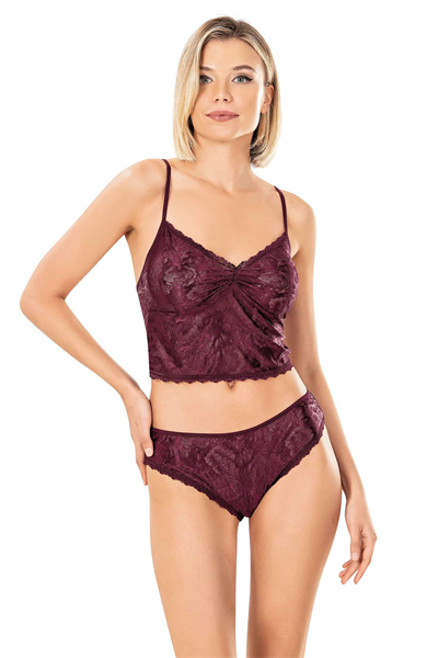 Kadın Jakarlı Dantel Büstiyer Külot Takım | Bordo 9151