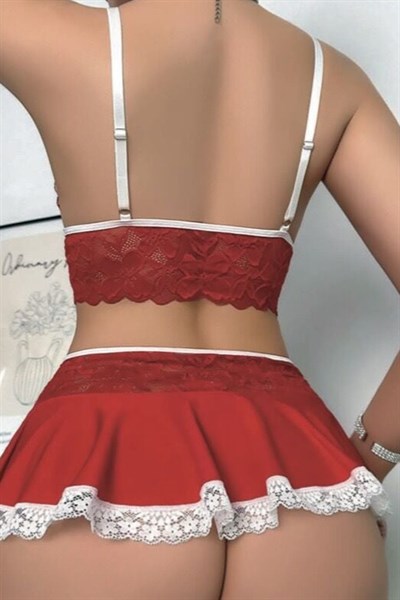 Dantel Büstiyer Jartiyer Etekli Kostüm | Kırmızı 7047-1