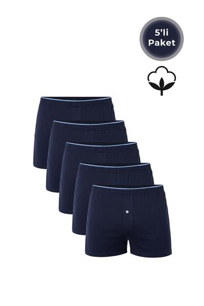 5li Paket Şardonlu Pamuklu Düğmeli Penye Erkek Boxer | Lacivert K0041