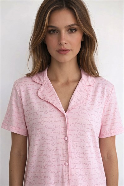 Kadın Yazı Detaylı Kısa Kollu Pijama Takım | Pembe Paris