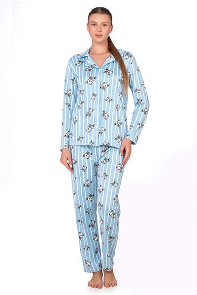 Lizbon Kumaş İçi Şardonlu Panda Desenli Önden Düğmeli Kadın Pijama Takımı