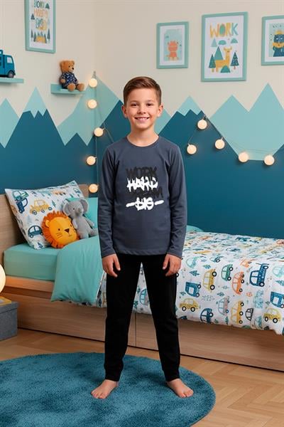 Erkek Çocuk İnterlok Bisiklet Yaka Pijama Takımı |  Füme 301