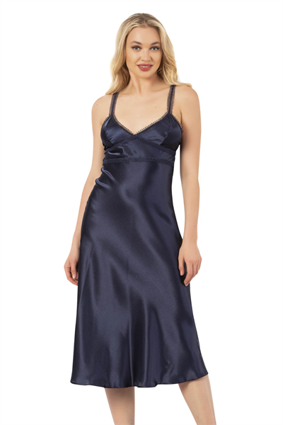 Kadın Saten Dantel Detaylı Midi Gecelik Sabahlık Takım | Lacivert 7833