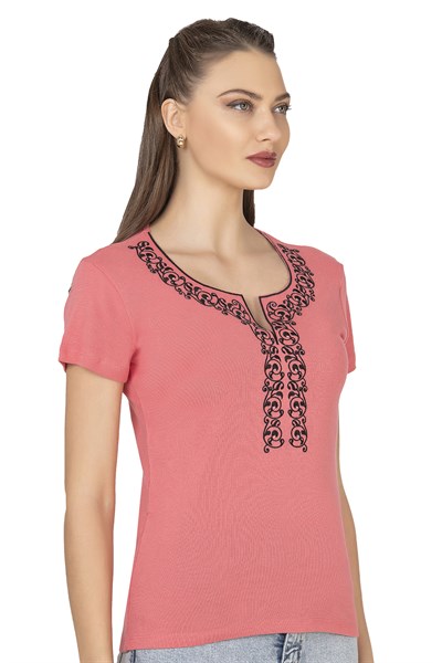 Kadın Nakış Detaylı Kısa Kol Pamuklu Bluz | Somon 21191