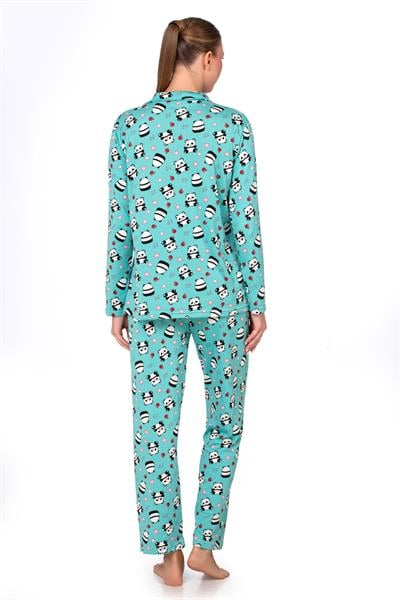 Lizbon Kumaş Turkuaz Panda Desenli Önden Düğmeli Kadın Pijama Takımı
