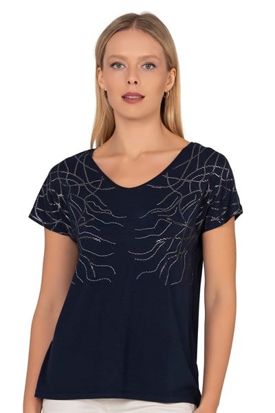 Kadın Kısa Kol Taş Süslemeli Viskon Bluz | Lacivert 25908