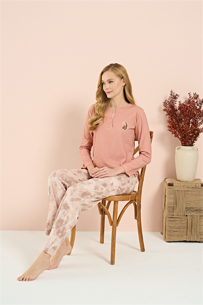 Kadın İnterlok Battal Önü Patlı Pijama Takım | Somon 3213