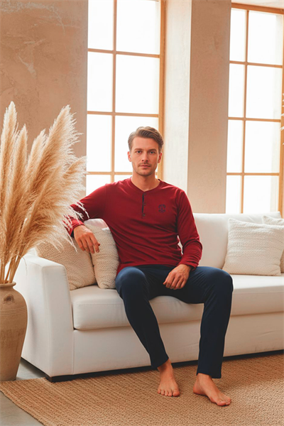 Erkek Uzun Kollu 4 Mevsim Penye Süprem Önü Patlı Pijama Takımı | Bordo 800