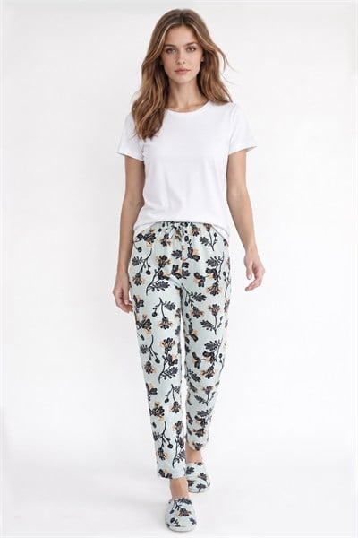 Kadın Süet Mint Çiçek Desen Pijama Tek Alt