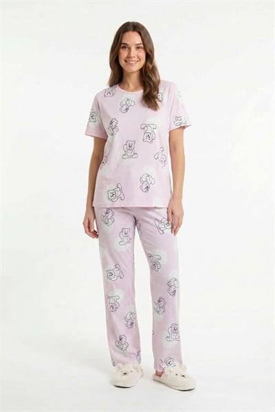 Kadın Bisiklet Yaka Yumuşak Dokulu Ayıcık Desenli Kısa Kol pijama Takım | Pembe 70132-4680