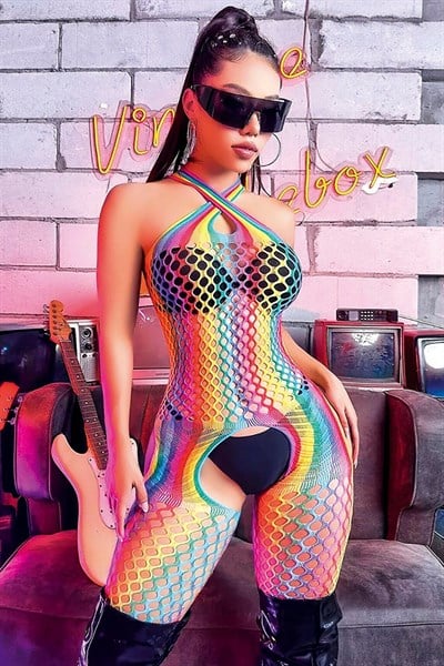 File Renkli Halter Yaka Fantezi Vücut Çorabı | 5001