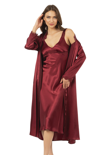 Kadın Saten Dantel Detaylı Midi Gecelilk Sabahlık Takım | Bordo 7837