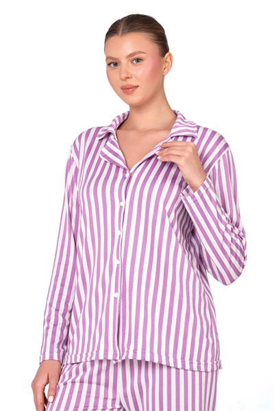 Mor Çizgili Lizbon Kumaş İçi Şardonlu Önden Düğmeli Kadın Pijama Takımı
