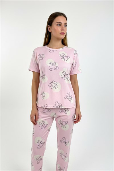 Kadın Bisiklet Yaka Yumuşak Dokulu Ayıcık Desenli Kısa Kol pijama Takım | Pembe 70132-4680