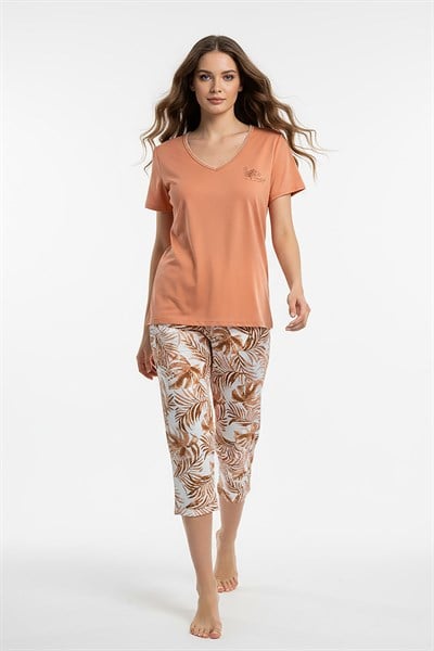 Kadın % 100 Ring Viskon V Yaka Altı Desenli Kalın Askılı Pijama Takımı | Kiremit 40111-3163