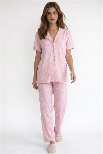 Kadın Yazı Detaylı Kısa Kollu Pijama Takım | Pembe Paris