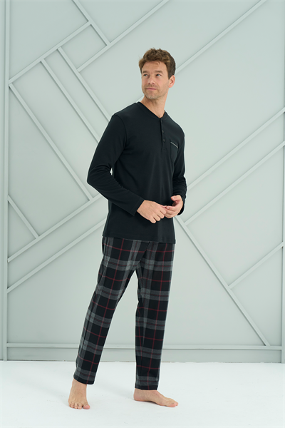 Erkek İnterlok Genç Önü Patlı Pijama Takım | Siyah 2233