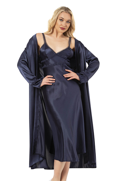 Kadın Saten Dantel Detaylı Midi Gecelik Sabahlık Takım | Lacivert 7833