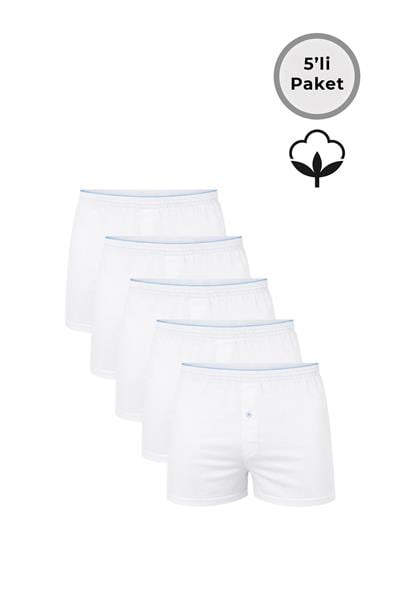 5li Paket Şardonlu Pamuklu Düğmeli Penye Erkek Boxer | Beyaz K0041