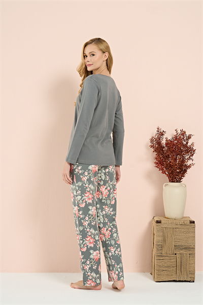 Kadın İnterlok Genç Desenli Önü Patlı Pijama Takım | Gri 3202