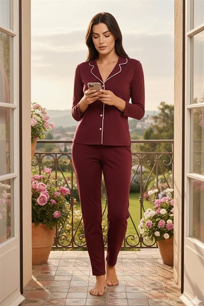 Kadın Pamuklu Süprem Önden Düğmeli Biyeli Pijama Takımı | Bordo 127