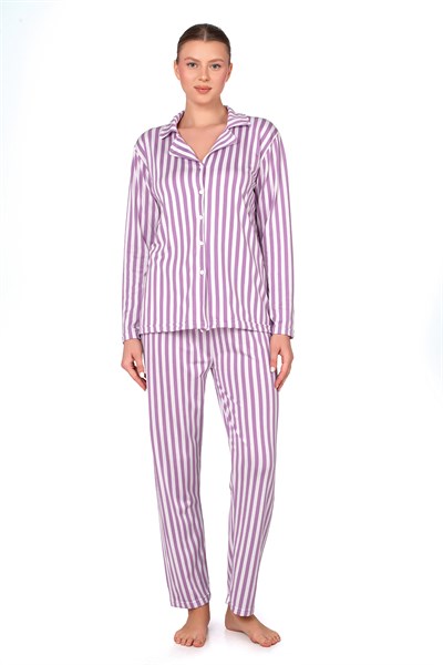 Mor Çizgili Lizbon Kumaş İçi Şardonlu Önden Düğmeli Kadın Pijama Takımı