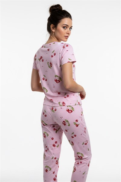 Kadın Bisiklet Yaka Yumuşak Dokulu Büyük Kiraz Desenli Kısa Kol pijama Takım | Pembe 70132-4668